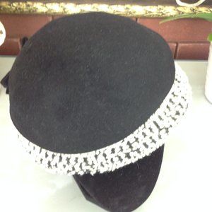 Vintage Black Wool Hat Trimmed in cream Color